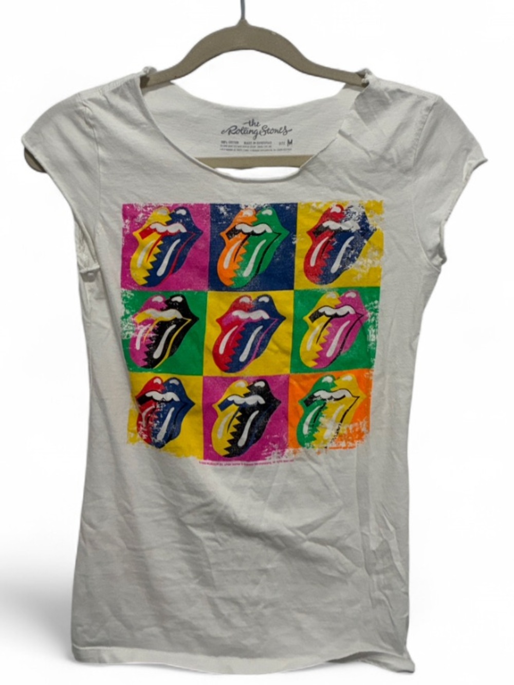 the Rolling Stones White Tee with Multicolor Pop Art Tongues